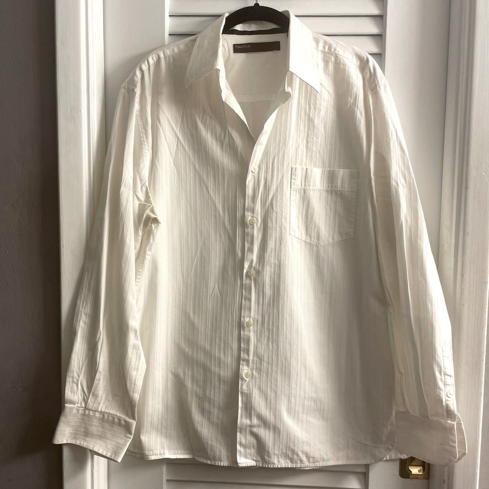 Perry Ellis White On White Textured Pinstripe Long sleeve button down -Size L